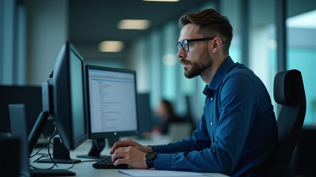 Modernes Büro mit Analysten die an Computern arbeiten und Finanzberichte studieren