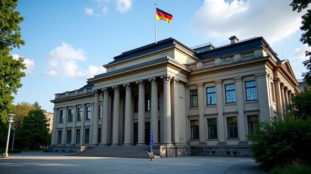 Modernes Finanzministerium mit klassischer Architektur und Deutschlandfahne