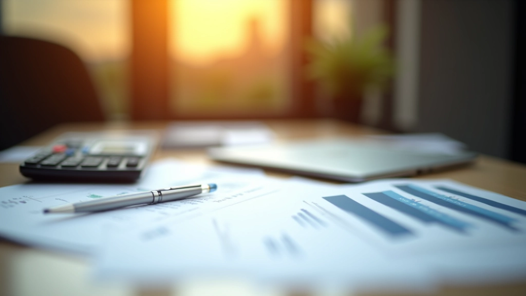 Schreibtisch mit Akten, Taschenrechner und Stift zeigt Budgetplanung und Finanzbuchhaltung